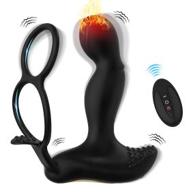 Vibrating Prostate Massager with Dual Cock Rings, Heated Anal Vibrator for Men with Remote, Male Vibrating Butt Plug - black
