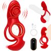 Vibrating Cock Ring for Men, Dual Motor Remote Control Penis Vibrator with Clit Stimulator Adult Toys for Couples - Red
