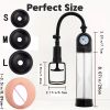 Vacuum pump toys for men with pressure gauge, with 1 realistic vaginal sleeve, 3 silicone sets of men's penis pump - black